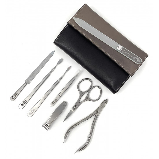 Niegeloh 7 pcs XL Premium Stainless Steel Manicure Set In Duo Leather Case Handcrafted in Solingen Germany With Bonus Shpitser Grystal Glass Nail File