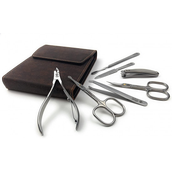 Niegeloh 7 pcs XL Premium Stainless Steel Manicure Set In Durable Leather Case Handcrafted in Solingen Germany With Bonus Shpitser 20cm Nail File