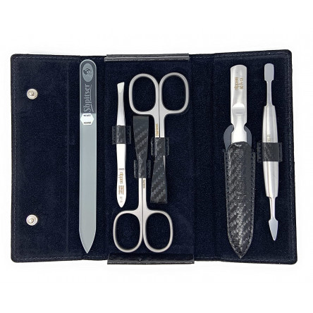 5-Pieces Premium Stainless Steel Manicure Set Made in Solingen Germany in Genuine Carbon Leather Case with Bonus Shpitser Glass Nail File