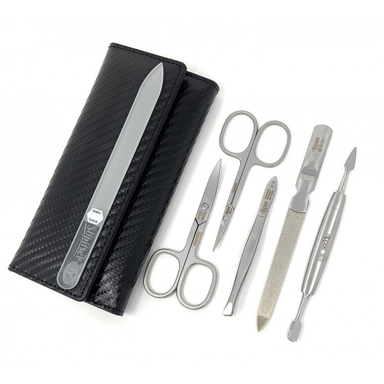 5-Pieces Premium Stainless Steel Manicure Set Made in Solingen Germany in Genuine Carbon Leather Case with Bonus Shpitser Glass Nail File