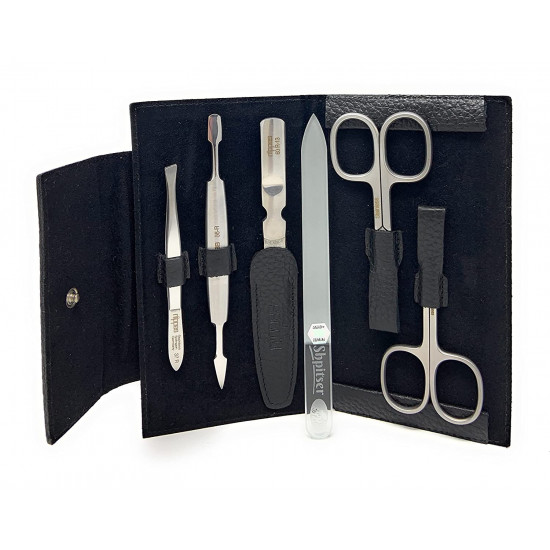 5-Pieces Premium Stainless Steel Manicure Set Made in Solingen Germany in Genuine Leather Case with Bonus Shpitser Glass Nail File