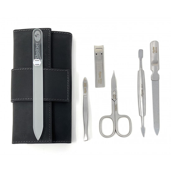 5-Pieces Premium Stainless Steel Manicure Set Made in Solingen Germany in Genuine Nubuck Leather Case with Bonus Shpitser Glass Nail File