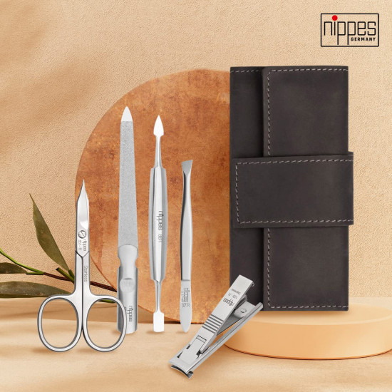 5-Pieces Premium Stainless Steel Manicure Set Made in Solingen Germany in Genuine Nubuck Leather Case with Bonus Shpitser Glass Nail File