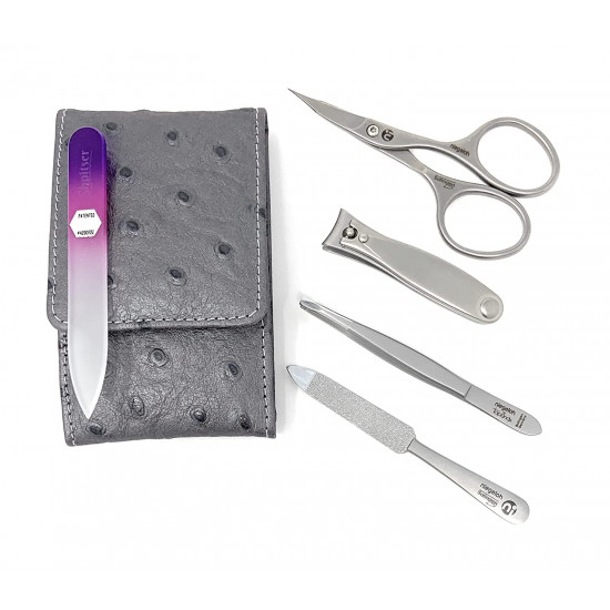 Niegeloh Solingen 4 pcs TopInox Surgical Stainless Steel German Manicure Set Grooming kit In Luxury Full Ostrich Look Leather Case Made in Solingen Germany With BONUS: SHPITSER Crystal glass Nail File