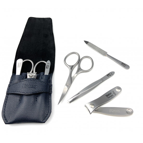 Shpitser Solingen 4 Pcs Stainless Steel German Hand Sharpened Manicure Set In Full Graine Nappa Leather Case Made in Solingen Germany