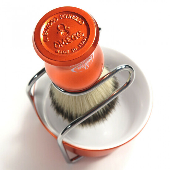 Omega HI-BRUSH Fiber Shaving Brush with Bowl and Stand Set, Handcrafted in Italy