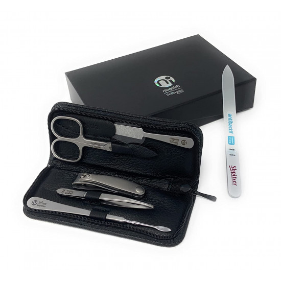 Niegeloh 5 Pieces Stainless Steel Manicure Set in Black Leather Case Made in Solingen Germany, with BONUS: SHPITSER Crystal Bohemian Nail File