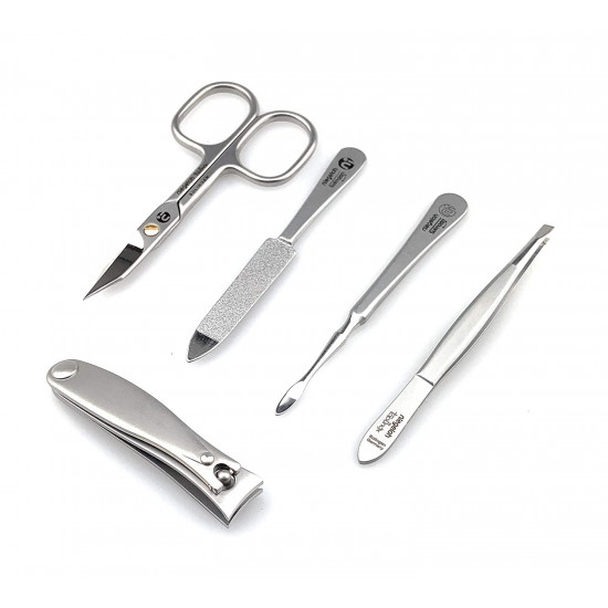 Niegeloh Solingen 5 Pieces TopInox Surgical Stainless Steel German Mens/Womens Manicure Set Grooming kit In Black Luxury Leather Case Made in Solingen Germany Niegeloh Solingen 5 Pieces TopInox Surgical Stainless Steel German Mens/Womens Manicure Set Grooming kit In Black Luxury Leather Case Made in Solingen Germany