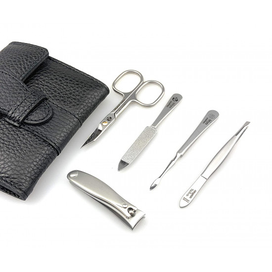 Niegeloh Solingen 5 Pieces TopInox Surgical Stainless Steel German Mens/Womens Manicure Set Grooming kit In Black Luxury Leather Case Made in Solingen Germany Niegeloh Solingen 5 Pieces TopInox Surgical Stainless Steel German Mens/Womens Manicure Set Grooming kit In Black Luxury Leather Case Made in Solingen Germany