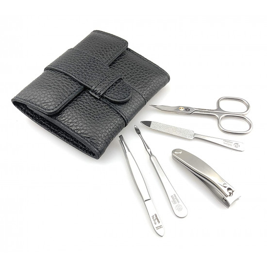 Niegeloh Solingen 5 Pieces TopInox Surgical Stainless Steel German Mens/Womens Manicure Set Grooming kit In Black Luxury Leather Case Made in Solingen Germany