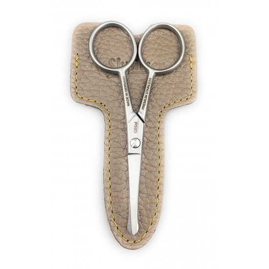 Solingen Nose & Ear Scissors - Stainless Steel Rounded Tip Scissors for Eyebrow, Nose Hair, Mustache and Beard - Made in Solingen & Germany by GÖSOL | Packed with Full Grain Leather Case (gray)