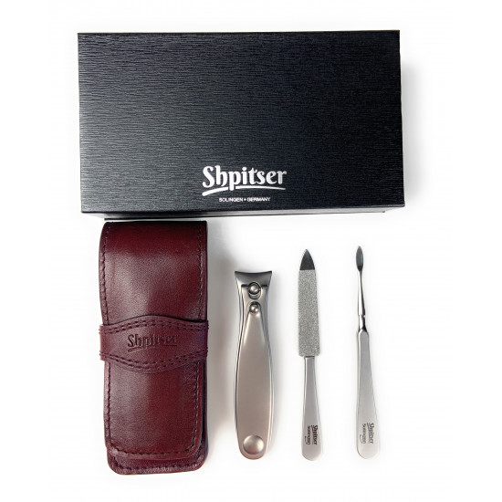 Shpitser TopInox Stainless Steel Hand Sharpened Manicure Pedicure Travel Set Grooming kit In Italian Leather Case Made in Solingen Germany