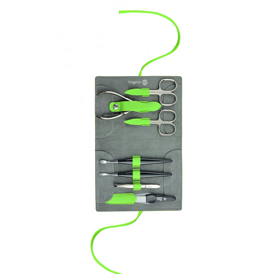 Niegeloh Solingen 7pcs XLarge Handcrafted German Manicure Set Nail Grooming Kit in Bright Green Leather Case Made in Solingen Germany