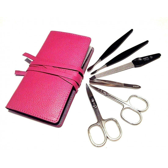 Niegeloh Solingen 6 Pieces Large German Manicure Set Nail Grooming Kit in Green Full Grain Leather Case Made in Solingen Germany (Pink)