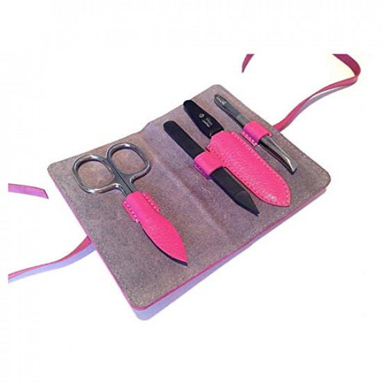 Niegeloh Solingen 4pcs German Handcrafted Manicure Set Nail Grooming Kit in Full Grain Pink Leather Case Made in Solingen Germany