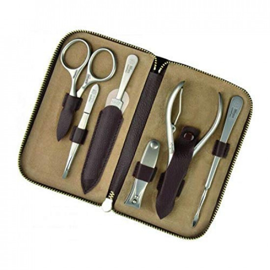 Niegeloh 6 pcs XL Stainless Steel Manicure Set In Leather Case Made in Solingen Germany With Bonus: Crystal Glass Nail File