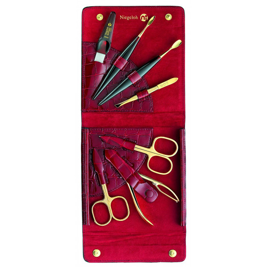 Niegeloh 7 Pieces Manicure Set in Red Lustrous Leather Case Made in Solingen Germany With Bonus SHPITSER Crystal Glass Nail File