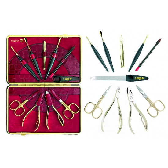 Niegeloh 10 Pieces - XL Luxurious Manicure Set in Red Kroko's Lustrous Leather Case Made in Solingen Germany Plus Bonus: SHPITSER Professional 20cm Glass Nail File