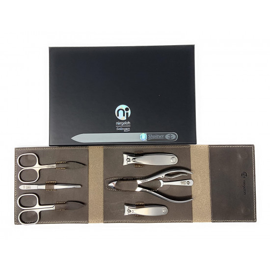 Niegeloh 7 pcs XL Premium Stainless Steel Manicure Set In Durable Leather Case Handcrafted in Solingen GermanyWith Bonus: SHPITSER Crystal Glass Nail File