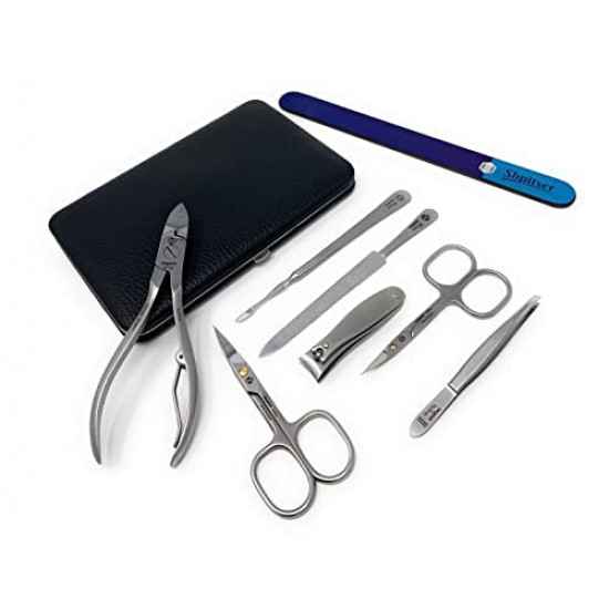 Niegeloh Solingen 7 pcs XL TopInox Surgical Stainless Steel German Men's Manicure Set Grooming kit In Black Leather Case Made in Solingen Germany