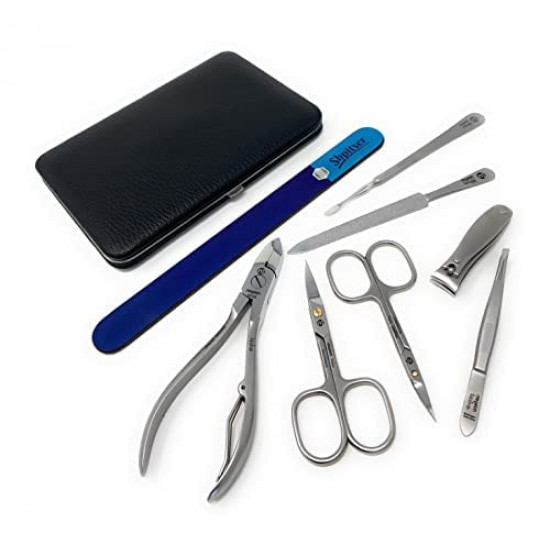 Niegeloh Solingen 7 pcs XL TopInox Surgical Stainless Steel German Men's Manicure Set Grooming kit In Black Leather Case Made in Solingen Germany