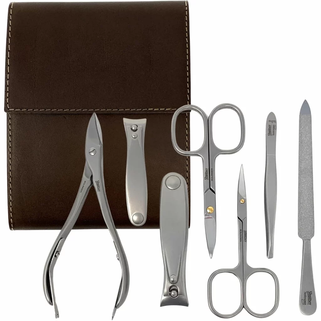 Shpitser 7pc TopInox Set, brown leather case